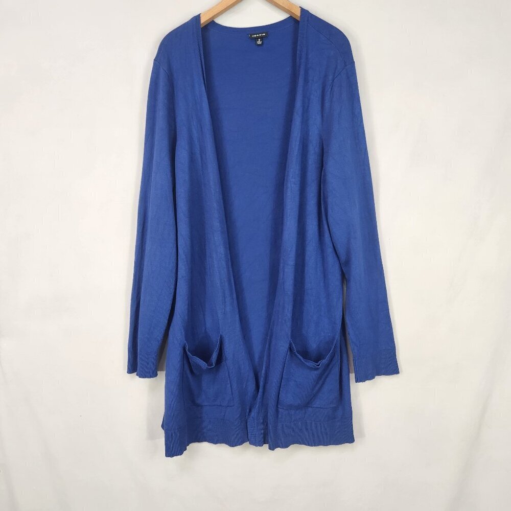 Torrid Knee Length Open Cardigan Sweater 2X Duster Blue Pockets Long Sleeve